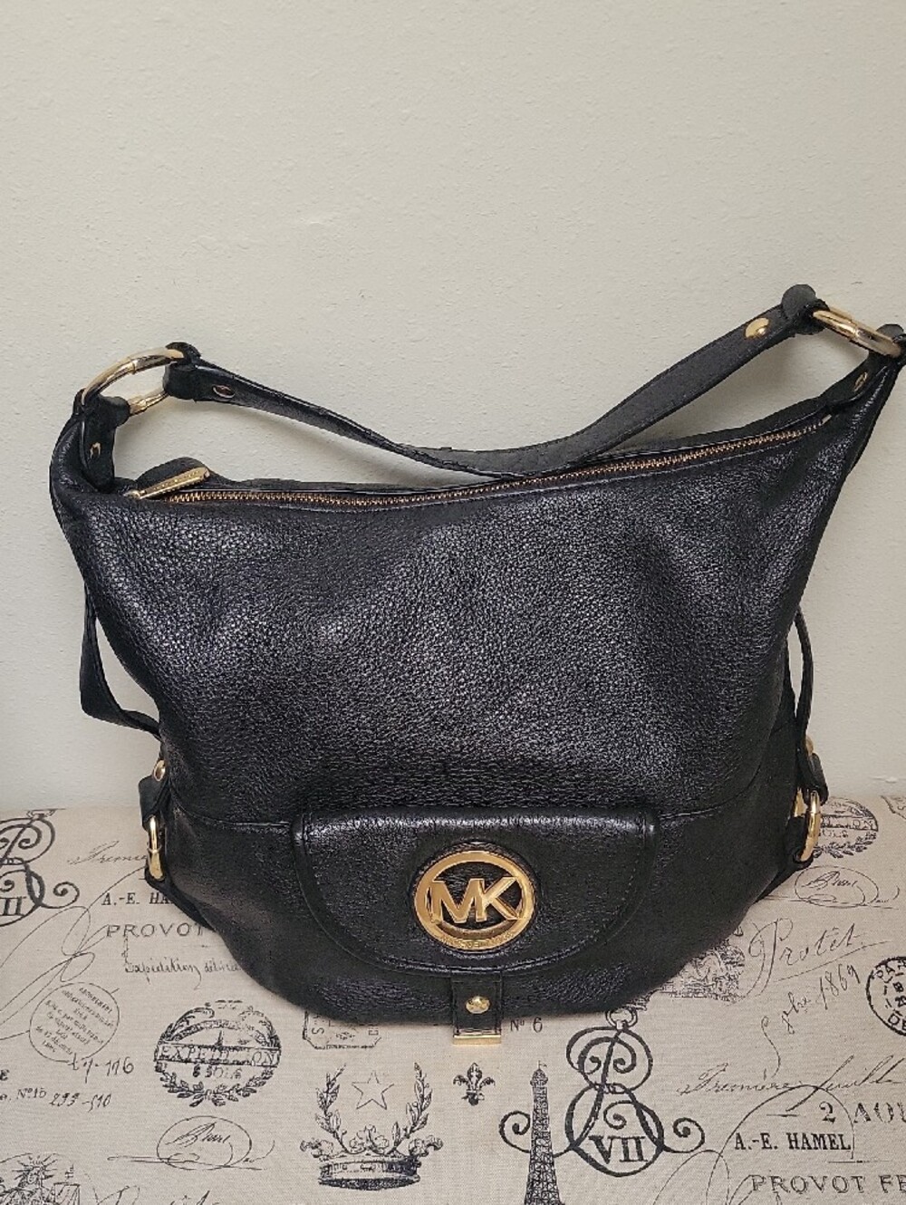 Michael Kors Black Pebbled Leather Shoulder Bag with Gold MK Emblem